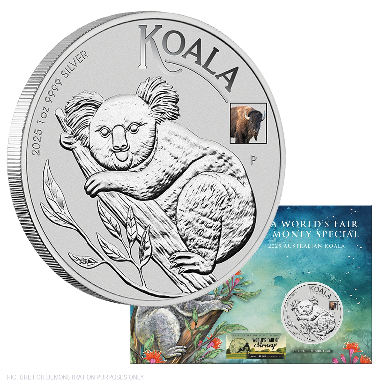 2025 Perth Mint ANA Coin Show - Australian Koala with Bison Privy 1oz Silver Coloured Coin